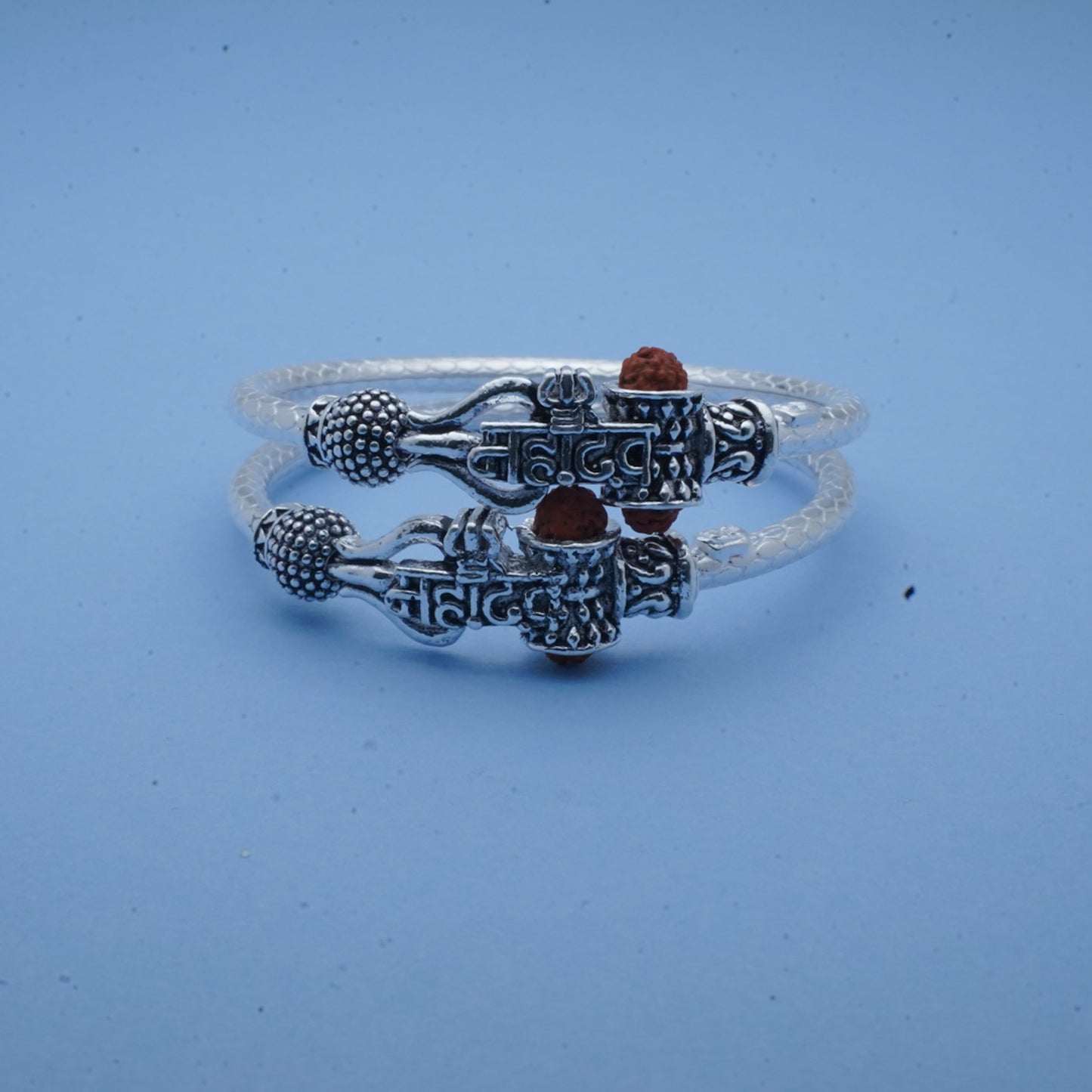silver kada pair for kids with mahadev name, black polish, damaru, and rudraksh