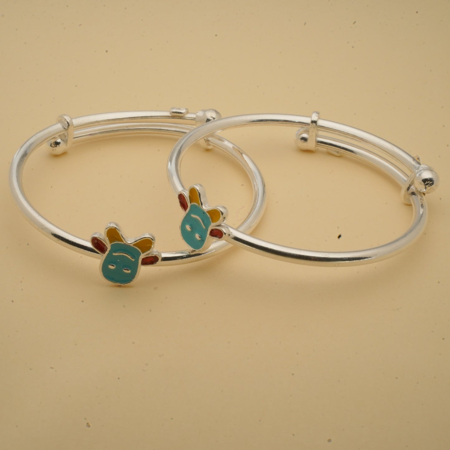 silver kada pair for kids with colorful teddy design