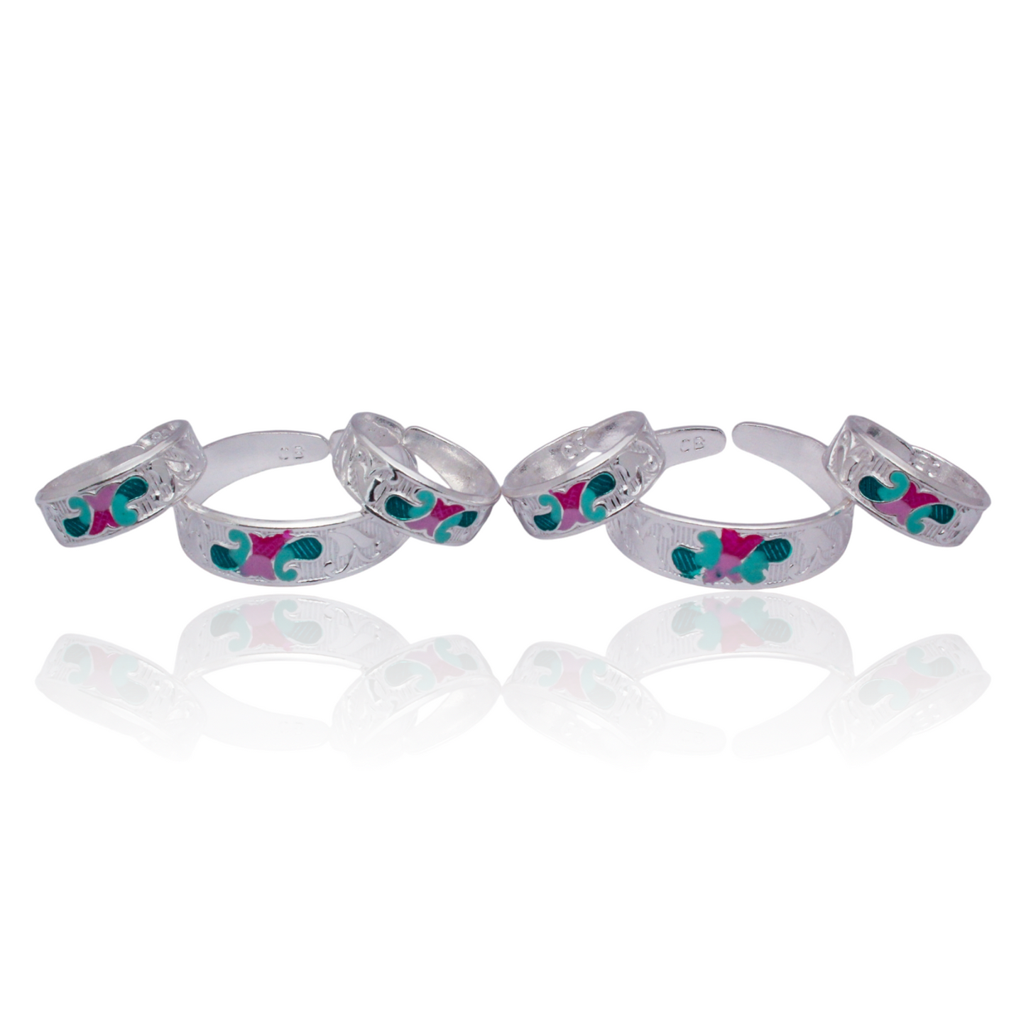 colorful silver toe ring set with intricate design | shyni - shyni jewellery