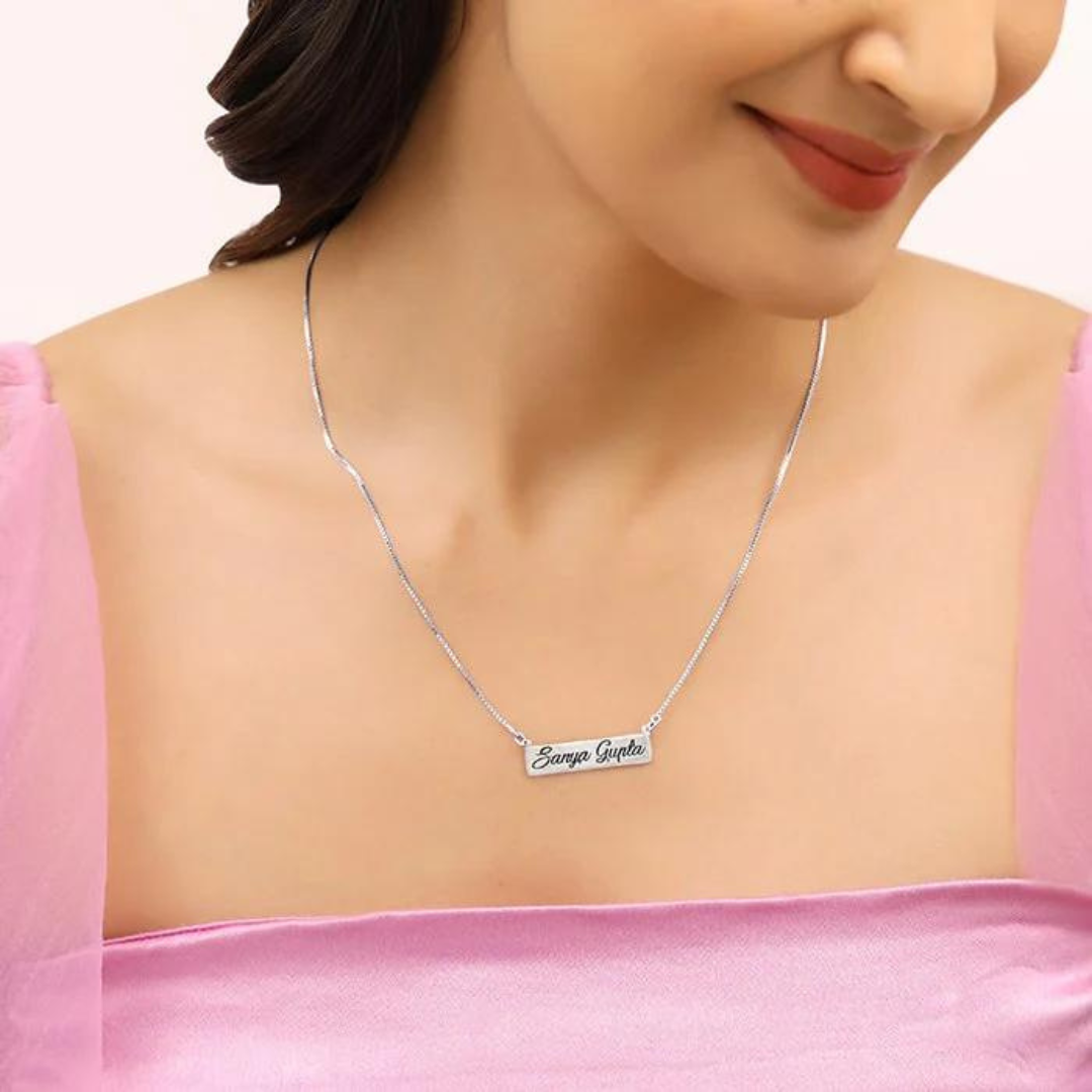 customizable black letter engraved name plate necklace - shyni jewellery