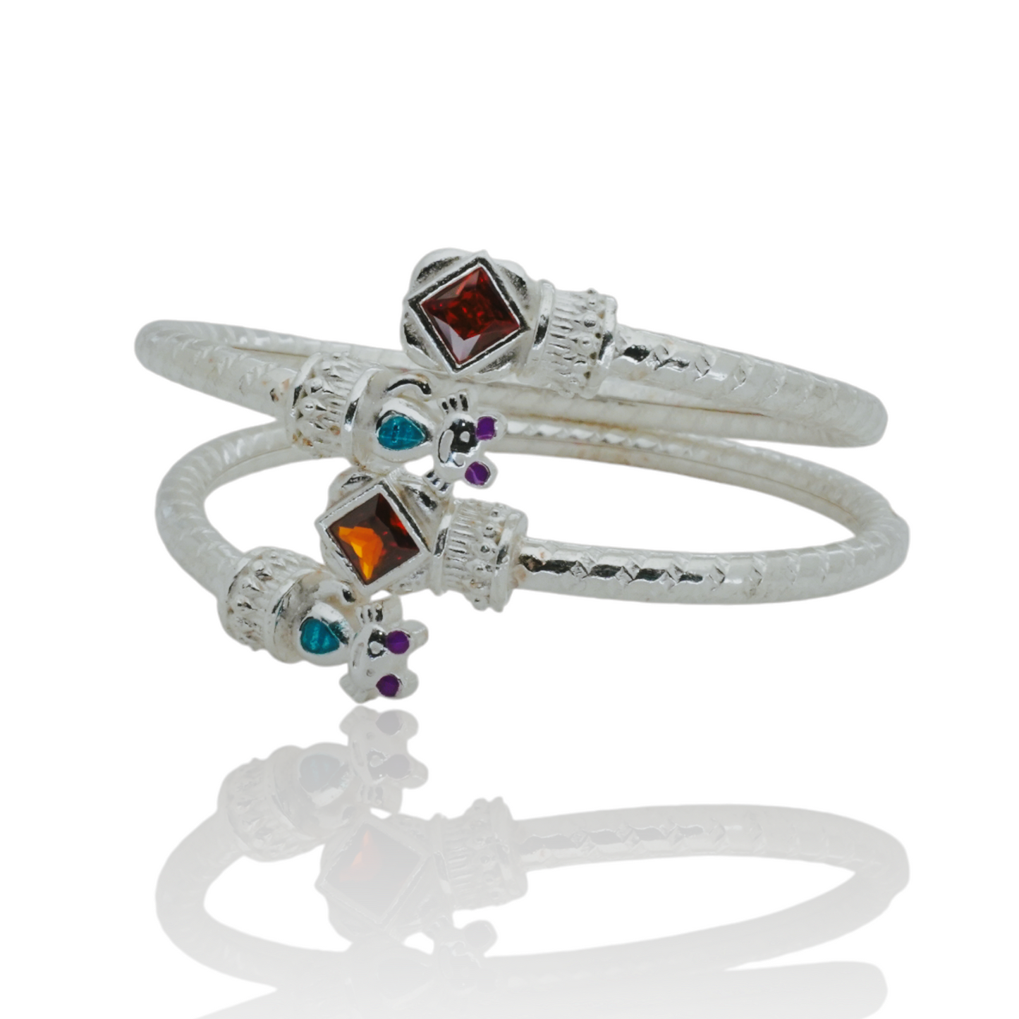silver kada pair for kids with orange crystal and cat design