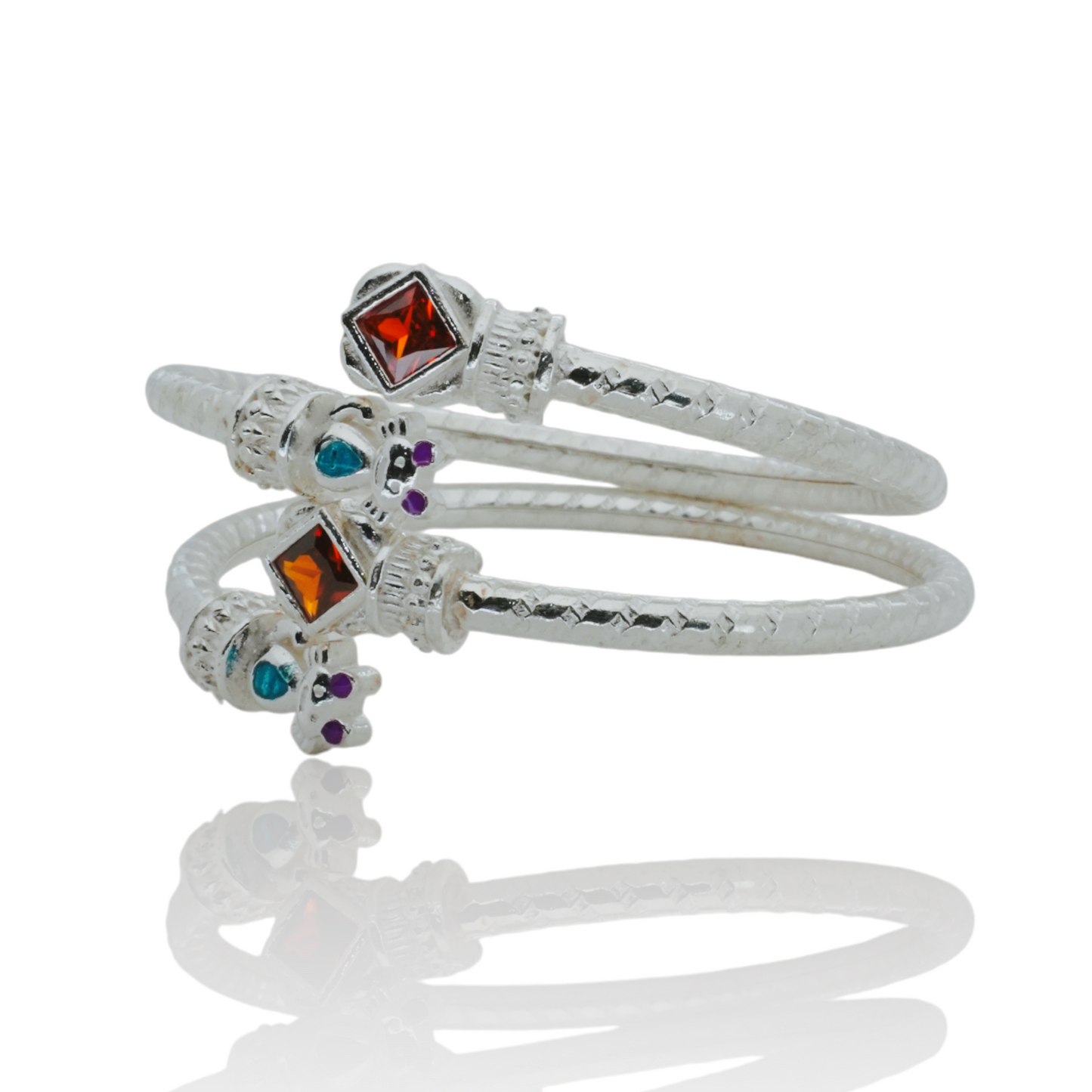 silver kada pair for kids with orange crystal and cat design
