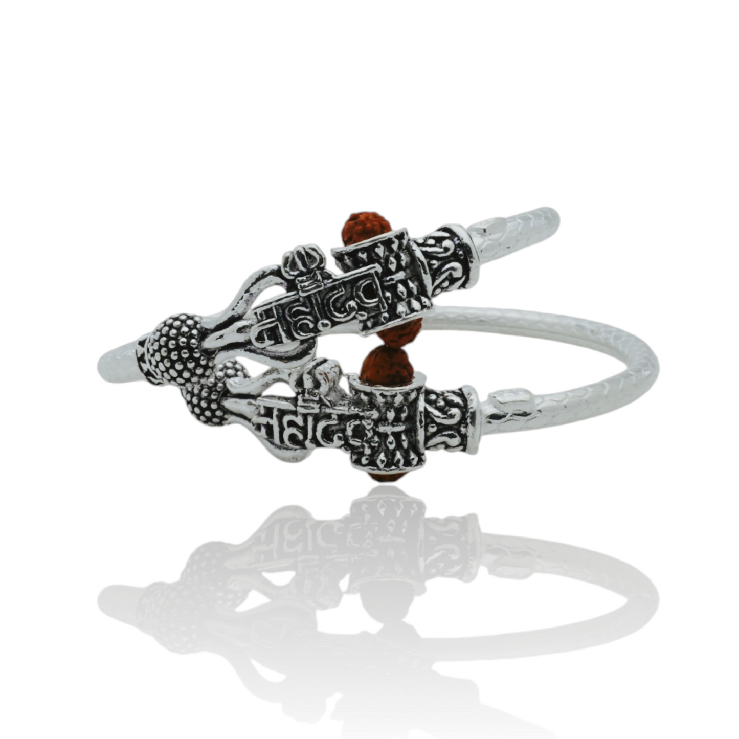 silver kada pair for kids with mahadev name, black polish, damaru, and rudraksh