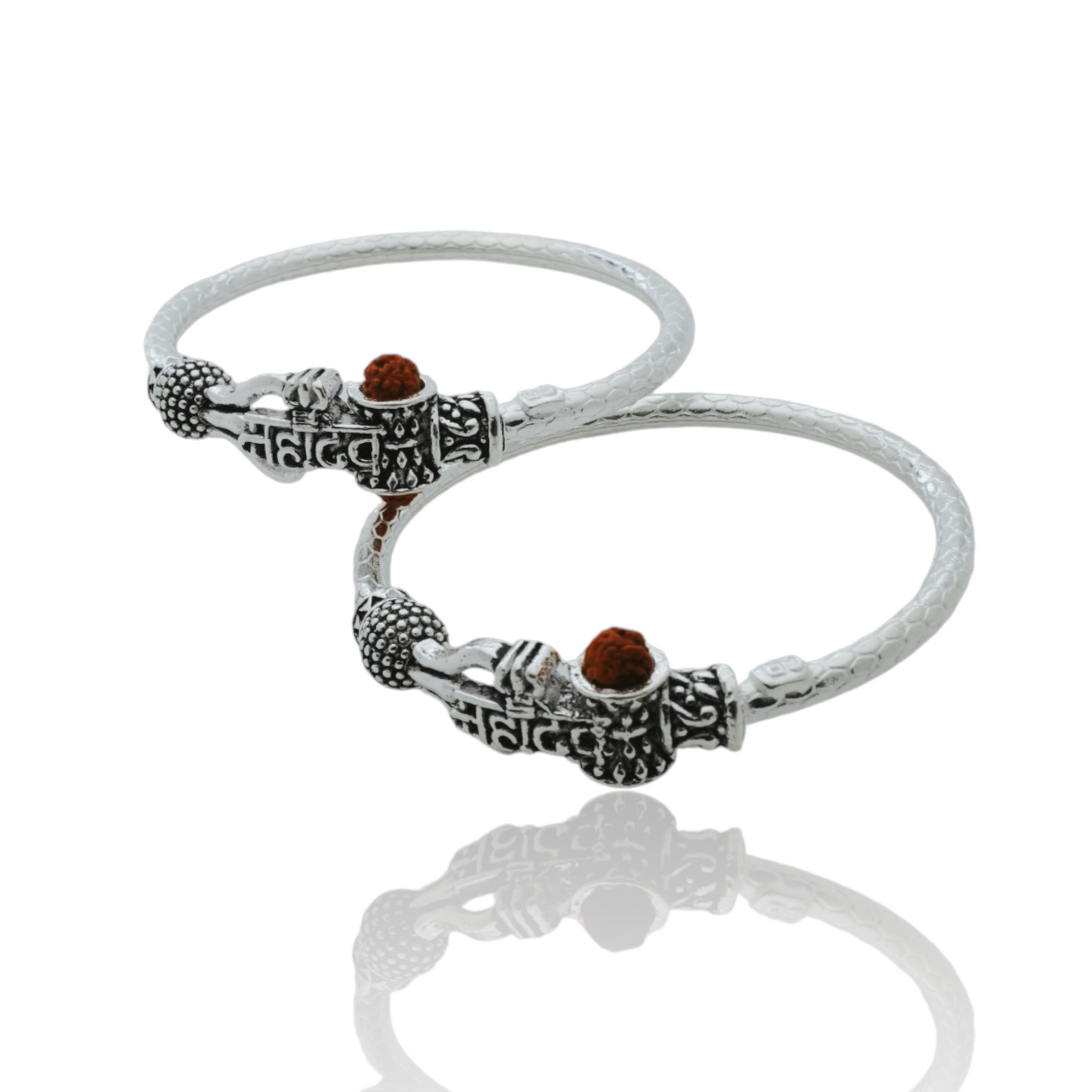 silver kada pair for kids with mahadev name, black polish, damaru, and rudraksh