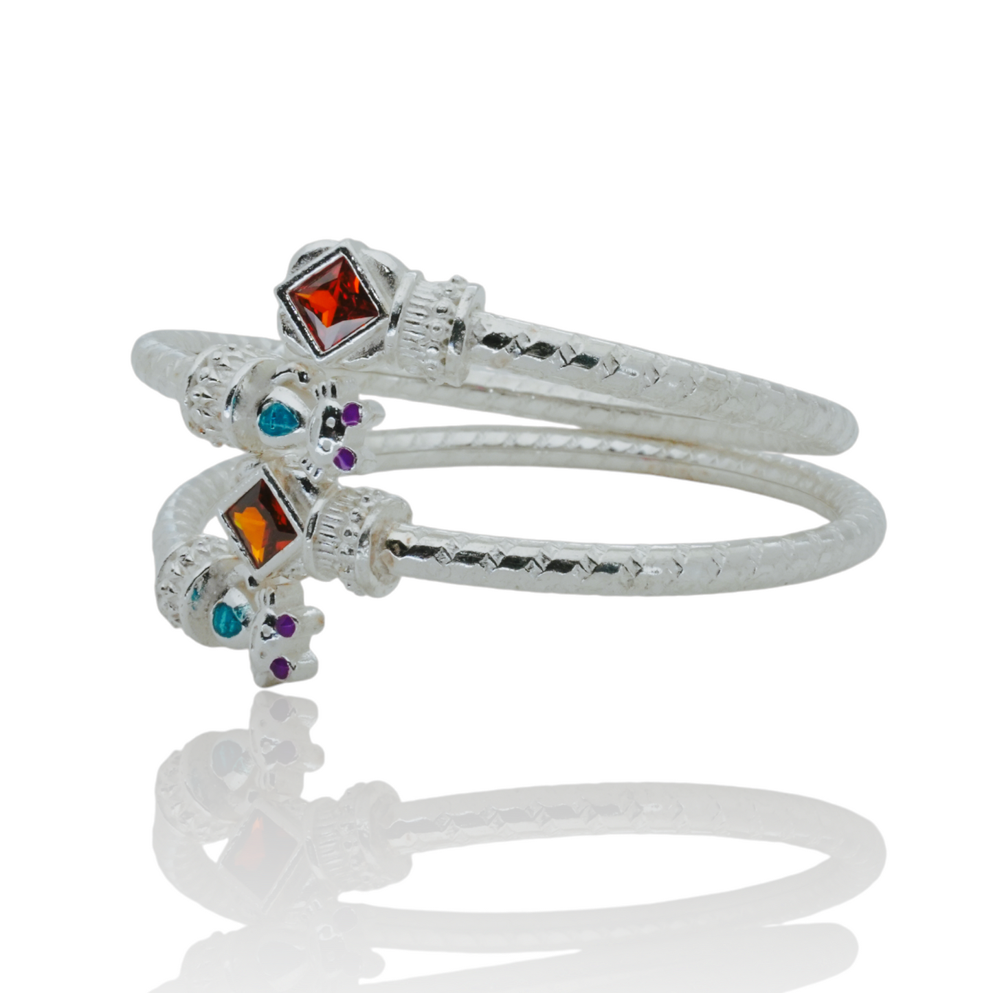 silver kada pair for kids with orange crystal and cat design