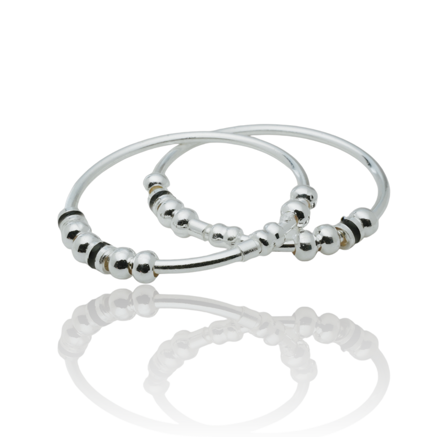 silver kada pair for kids with silver beads and black chilles