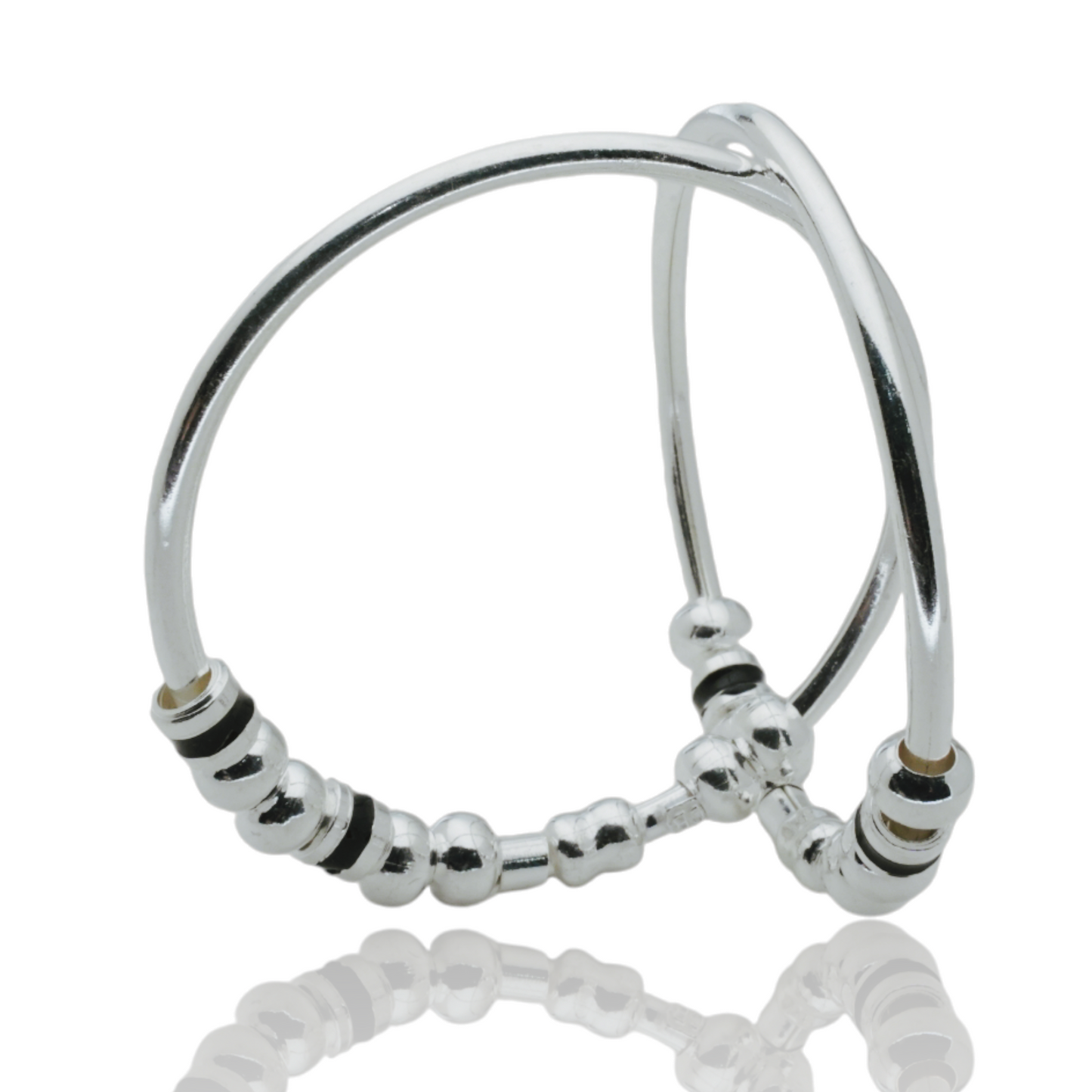 silver kada pair for kids with silver beads and black chilles