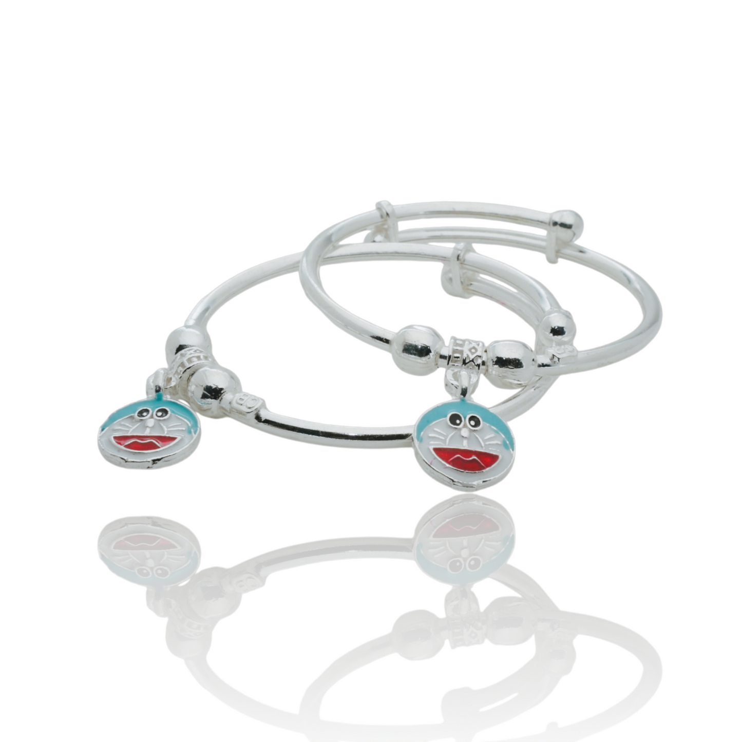 adjustable silver kids' bracelets with doraemon charm - pair of two