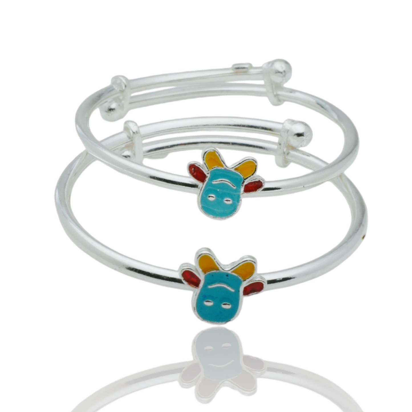 silver kada pair for kids with colorful teddy design