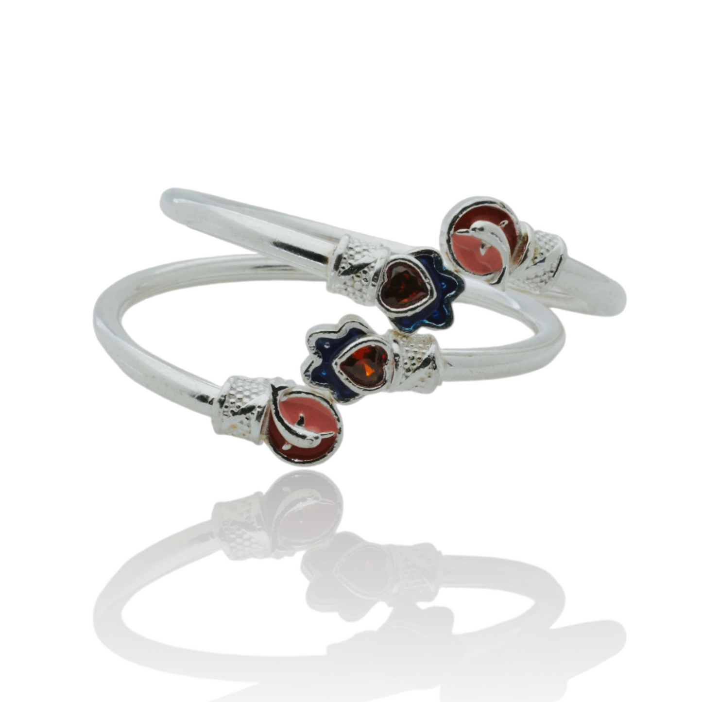 silver kada pair for kids with orange crystal and cat design