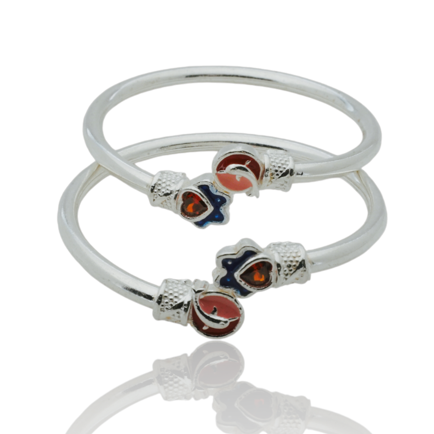 silver kada pair for kids with orange crystal and cat design