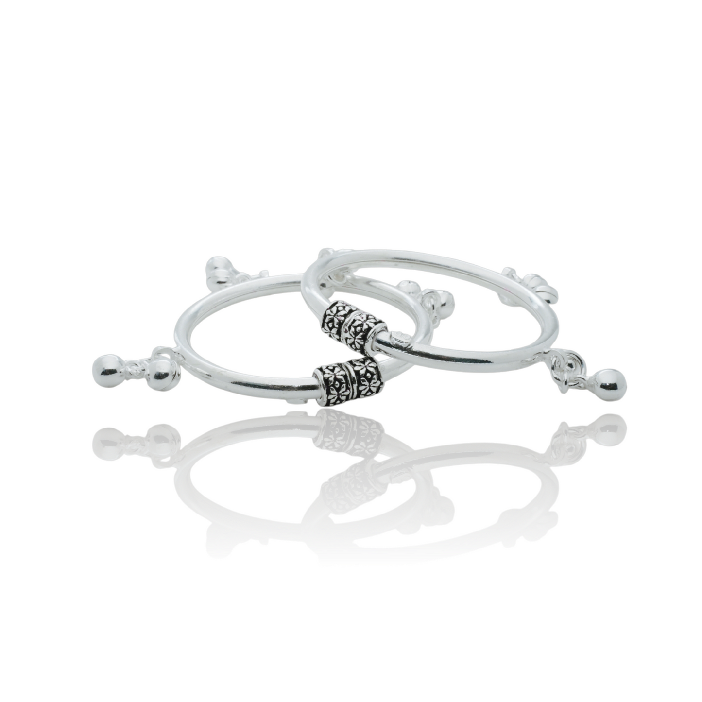 silver kada pair for kids with black polish and ghunghroos