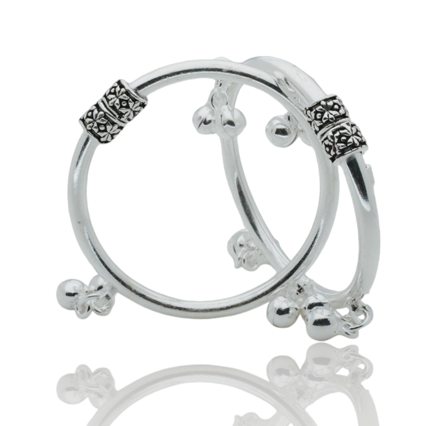 silver kada pair for kids with black polish and ghunghroos