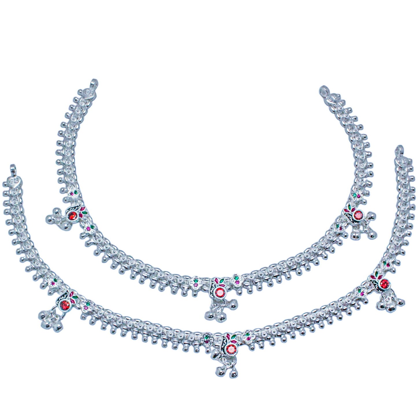 red crystal silver payal with ghunghroo & meenakari work | shyni - shyni jewellery