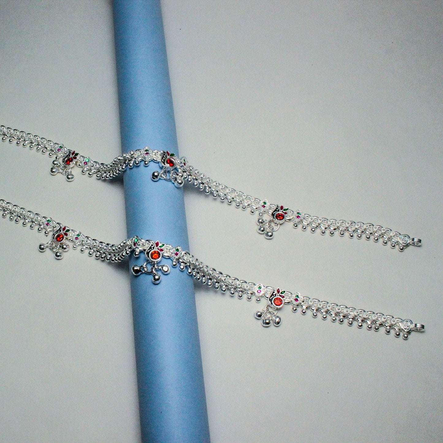 red crystal silver payal with ghunghroo & meenakari work | shyni - shyni jewellery