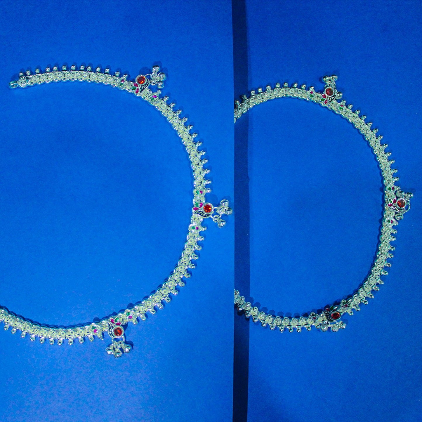 red crystal silver payal with ghunghroo & meenakari work | shyni - shyni jewellery