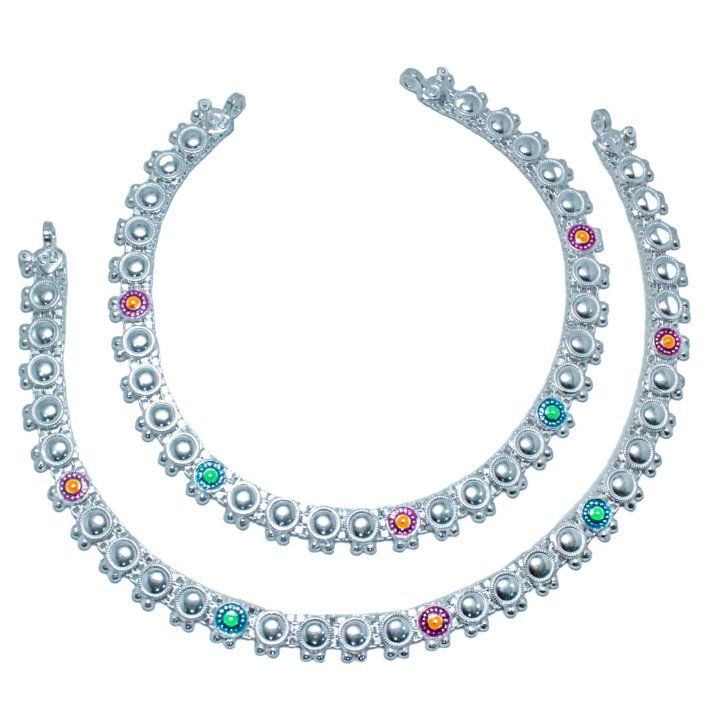 round embossed silver payal with red & green accents | shyni - shyni jewellery