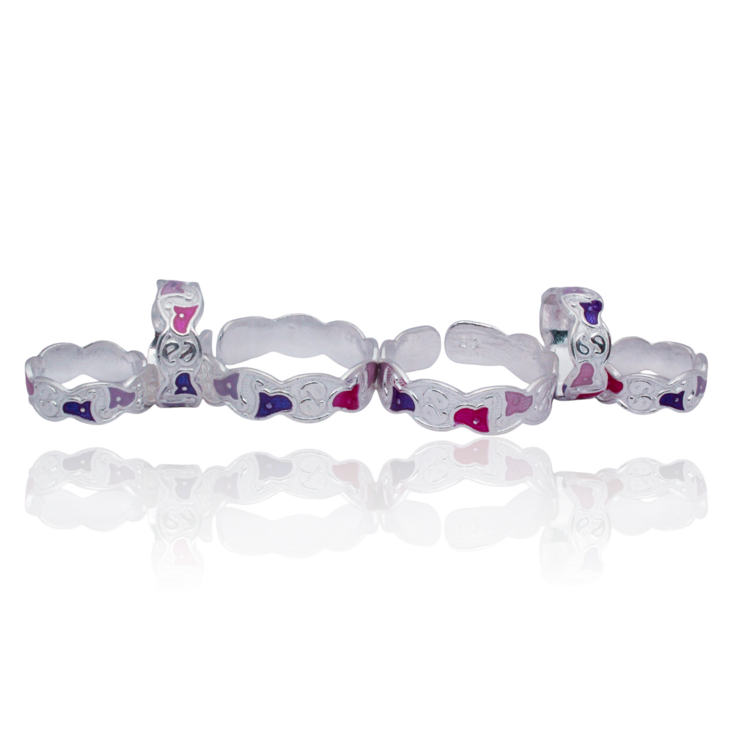 simple silver toe ring set with triangular pink & purple accents | shyni - shyni jewellery