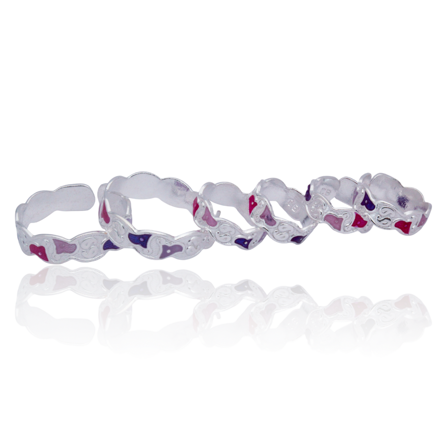 simple silver toe ring set with triangular pink & purple accents | shyni - shyni jewellery