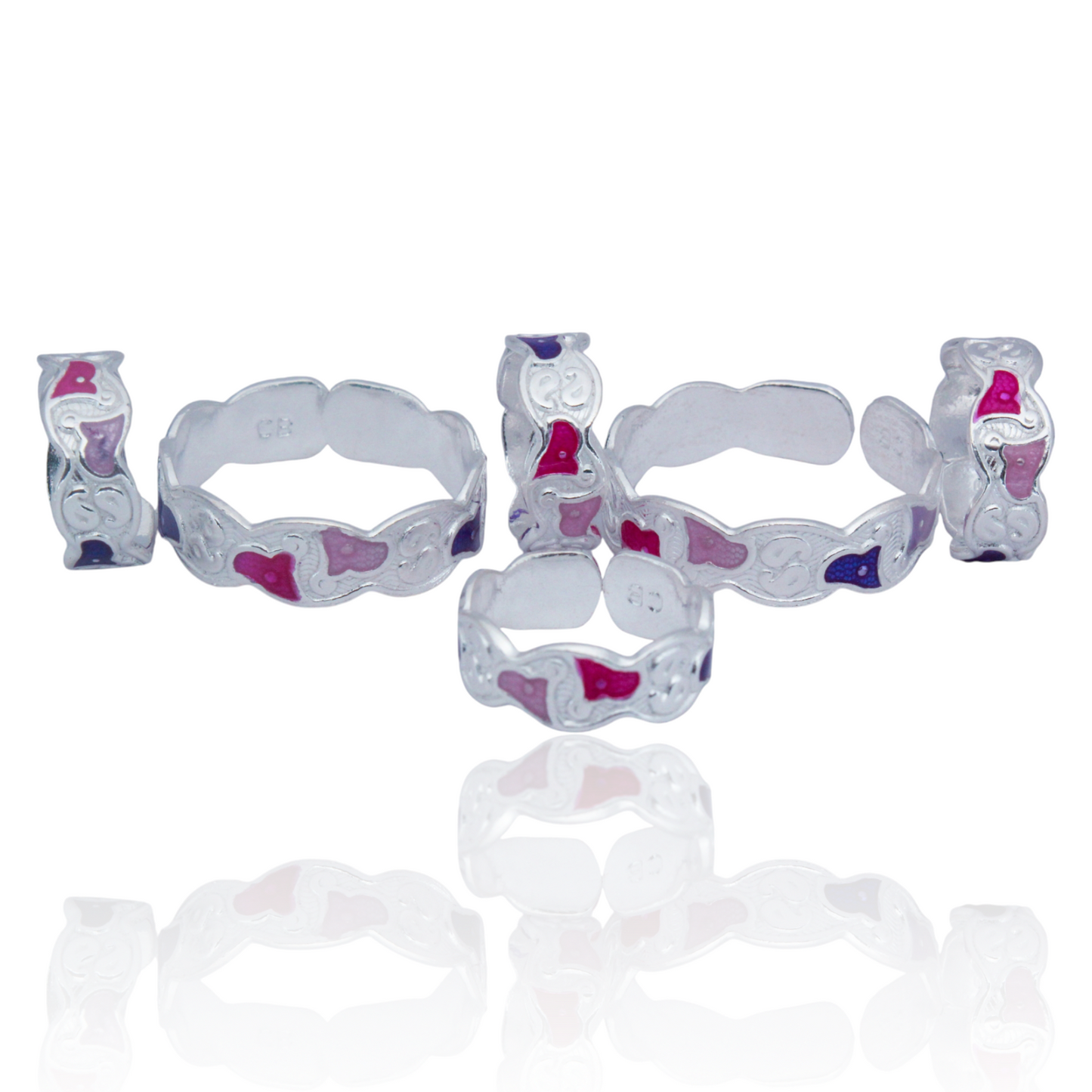 simple silver toe ring set with triangular pink & purple accents | shyni - shyni jewellery