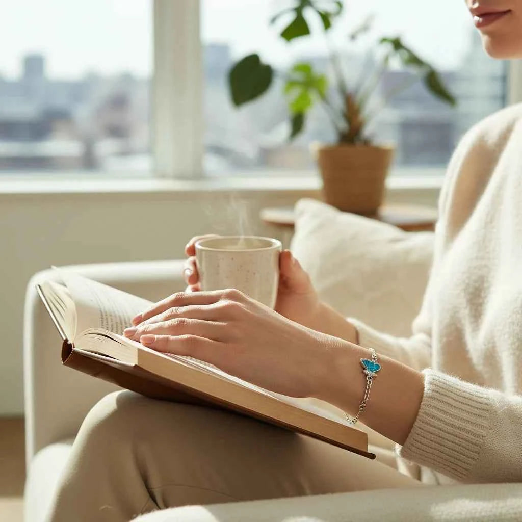 teal enamel butterfly bracelet with cz wings in 925 silver