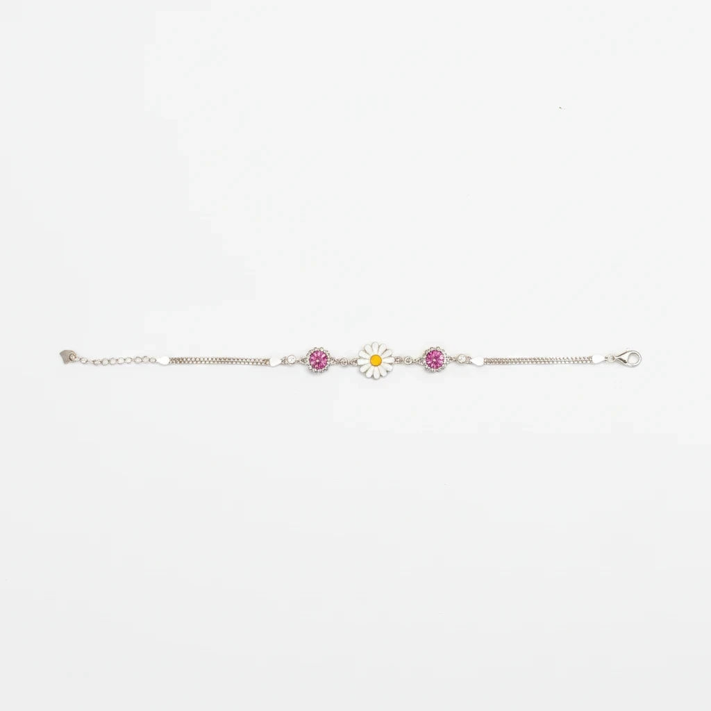 shyni jewelry sunflower enamel bracelet featuring pink stones and a delicate silver chain on a white background