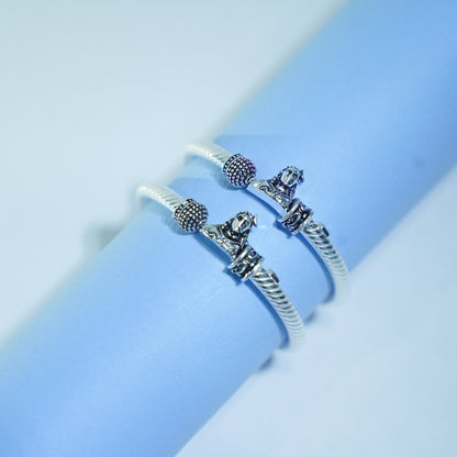 Silver Kada Pair for Kids with Mahadev Name, Black Polish, Damaru, and Rudraksh
