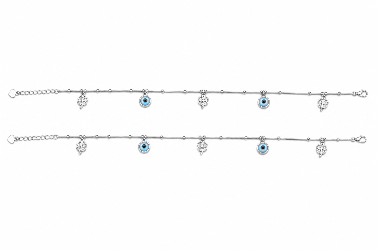 Blue Evil Eye & Lucky Clover Charm Dangler Satellite Chain Anklet Set of 2 in 925 Silver - Shyni Jewelry