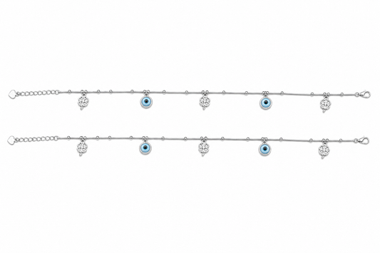 Blue Evil Eye & Lucky Clover Charm Dangler Satellite Chain Anklet Set of 2 in 925 Silver - Shyni Jewelry