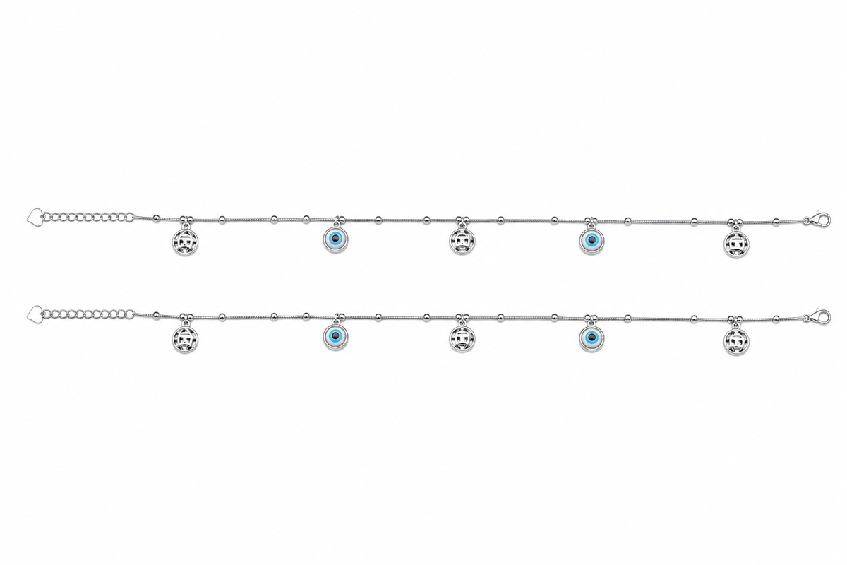 Blue Evil Eye & Silver Filigree Disc Charm Dangler Satellite Chain Anklet Set of 2 in 925 Silver - Shyni Jewelry