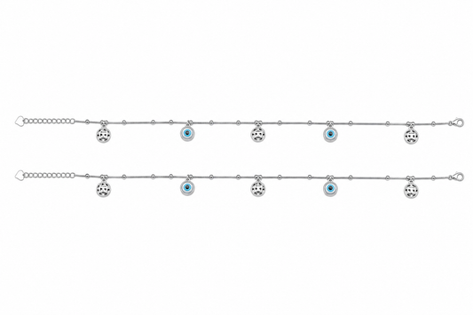 Blue Evil Eye & Silver Filigree Disc Charm Dangler Satellite Chain Anklet Set of 2 in 925 Silver - Shyni Jewelry