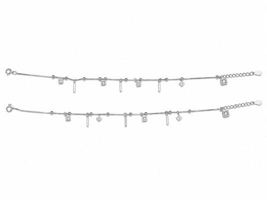 CZ Square Bezel Bar & Cross Charm Dangler Satellite Chain Anklet Set of 2 in 925 Silver - Shyni Jewelry
