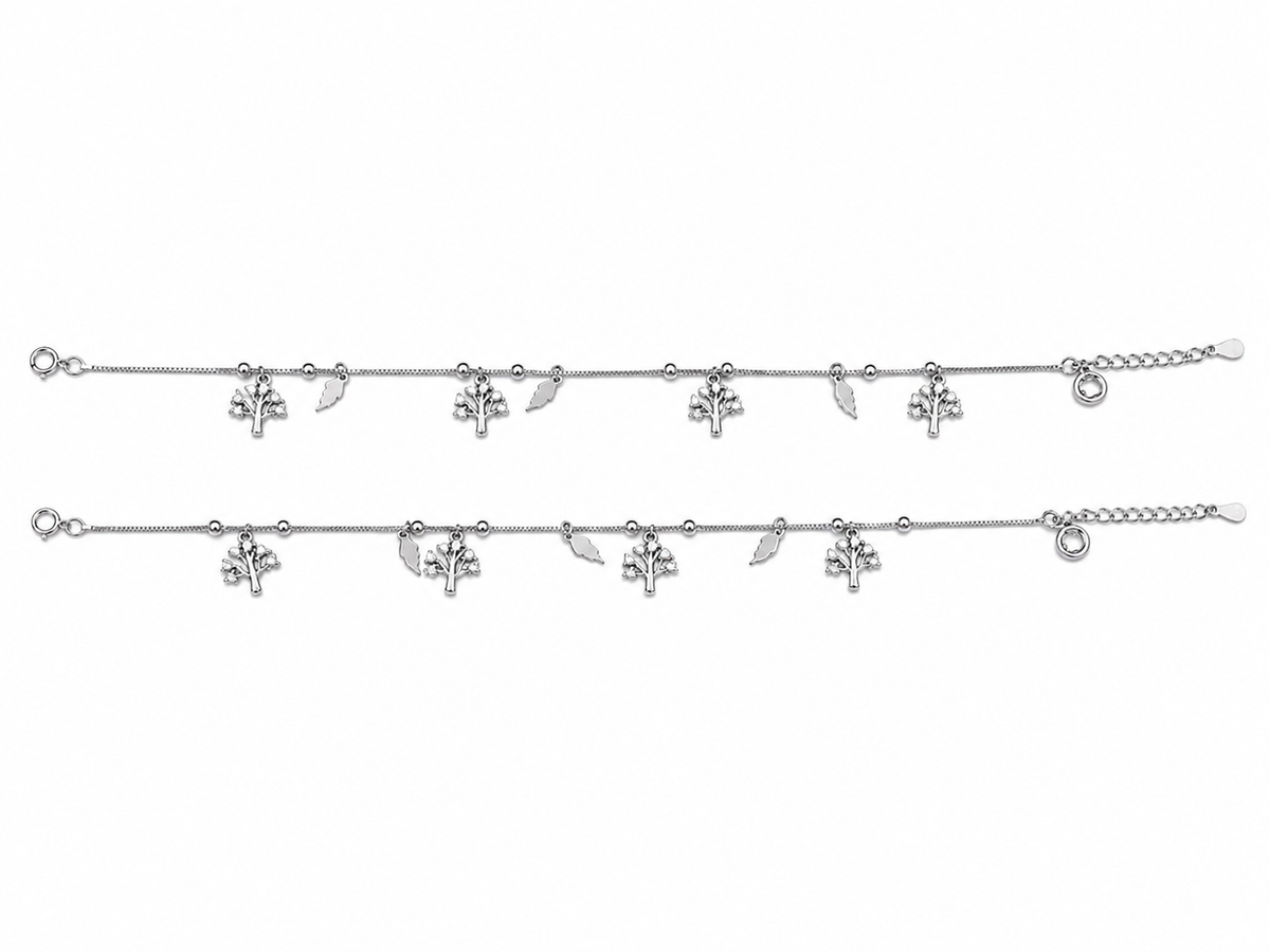 Tree of Life & Leaf Charm Dangler Satellite Chain Anklet Set of 2 in 925 Silver - Shyni Jewelry