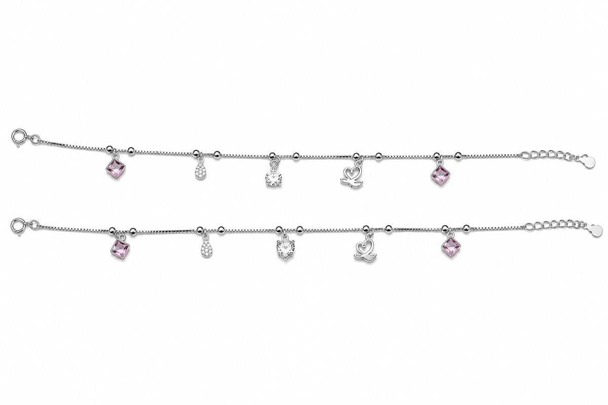 Swan & Pink CZ Mixed Charm Dangler Satellite Chain Anklet Set of 2 in 925 Silver - Shyni Jewelry