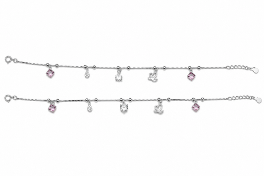 Swan & Pink CZ Mixed Charm Dangler Satellite Chain Anklet Set of 2 in 925 Silver - Shyni Jewelry