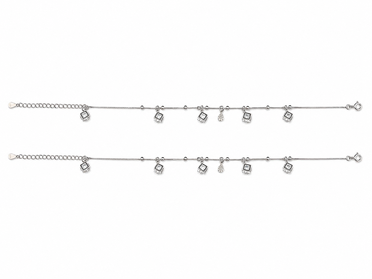 CZ Mixed Charm Dangler Satellite Chain Anklet Set of 2 in 925 Silver - Shyni Jewelry