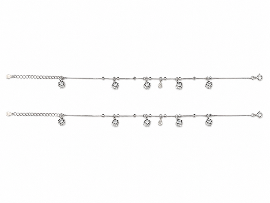 CZ Mixed Charm Dangler Satellite Chain Anklet Set of 2 in 925 Silver - Shyni Jewelry