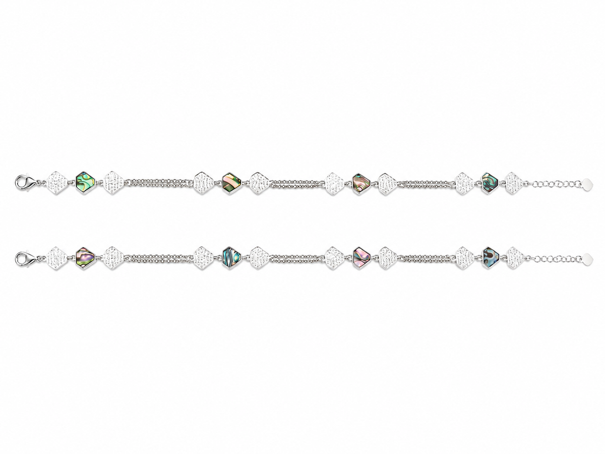 Abalone Shell & CZ Pave Diamond Link Double Chain Anklet in 925 Silver - Shyni Jewelry
