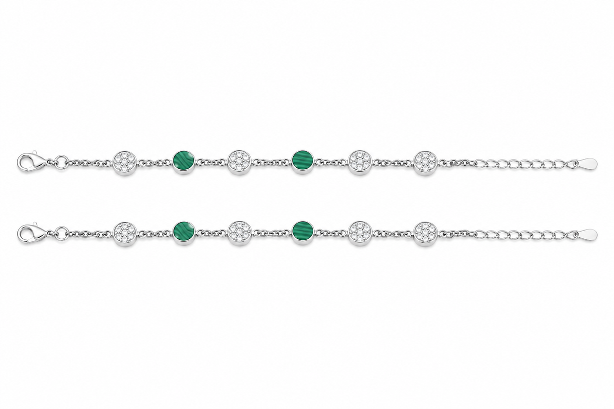 green malachite mop & cz round disc link chain anklet in 925 silver - shyni jewelry