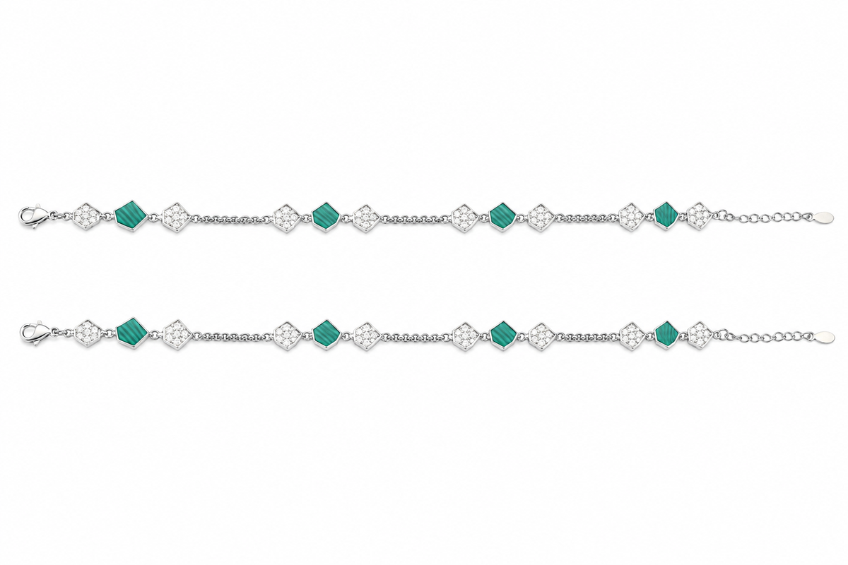 Green Malachite MOP & CZ Diamond Square Link Chain Anklet in 925 Silver - Shyni Jewelry