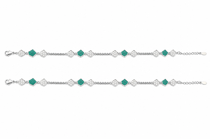 Green Malachite MOP & CZ Diamond Square Link Chain Anklet in 925 Silver - Shyni Jewelry
