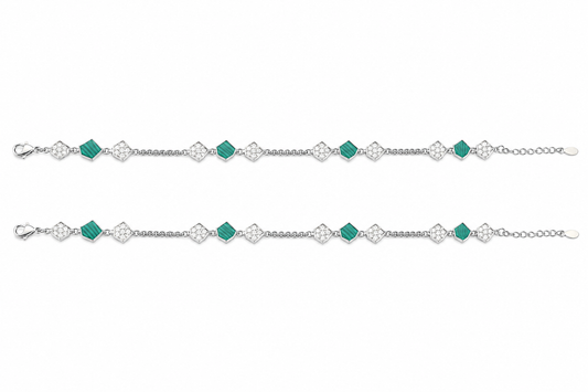 Green Malachite MOP & CZ Diamond Square Link Chain Anklet in 925 Silver - Shyni Jewelry
