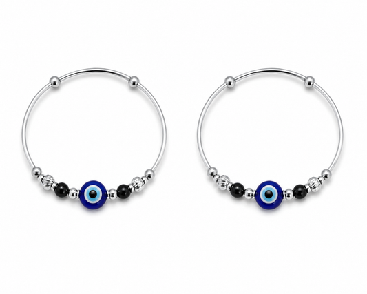 Baby Blue Evil Eye Black & Diamond-Cut Silver Bead Kada Set - Shyni Jewelry