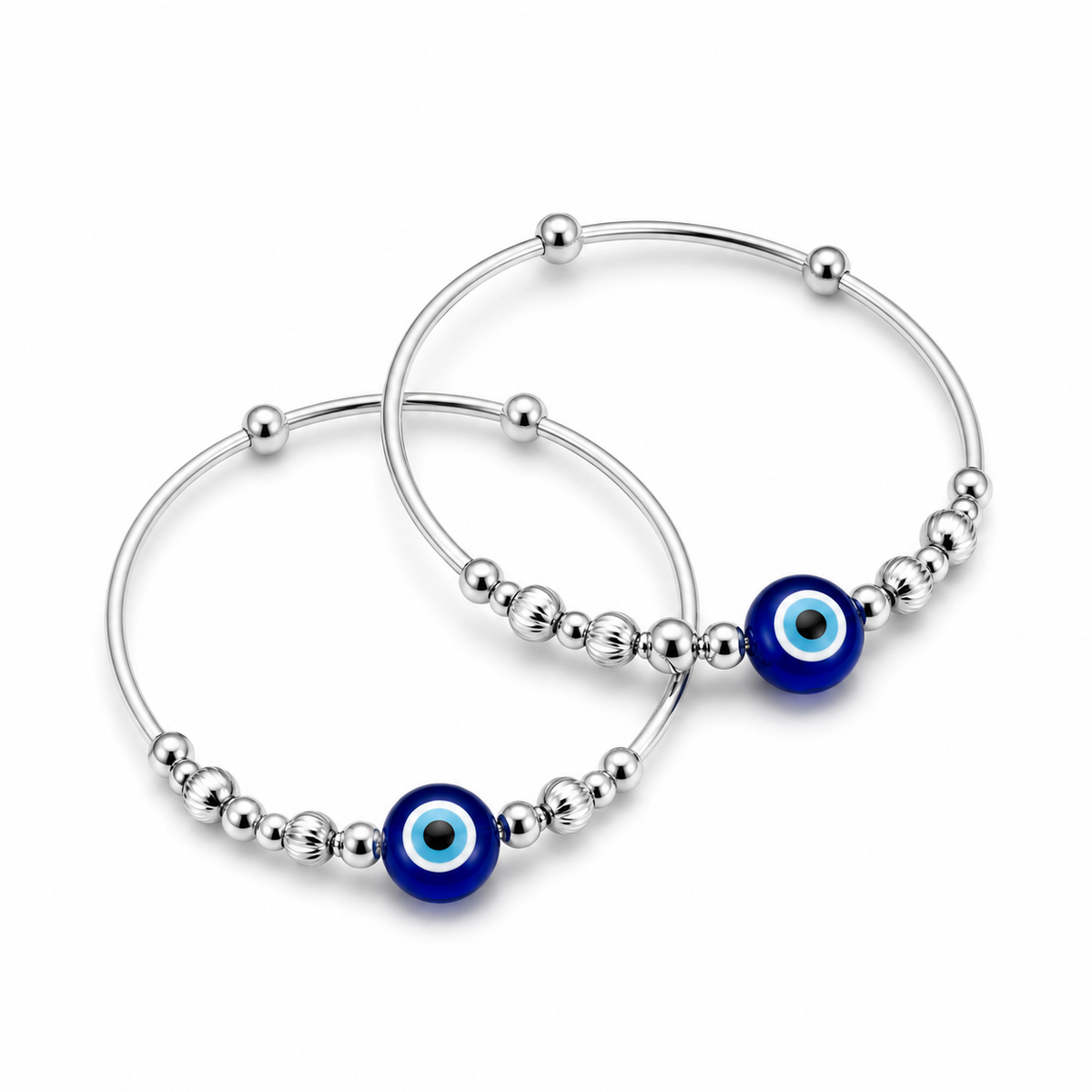 baby blue evil eye mixed size ball bead silver kada set - shyni jewelry