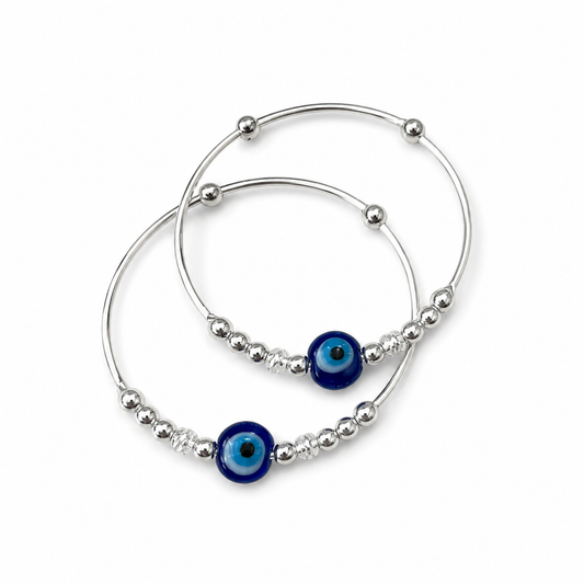 Baby Blue Evil Eye Diamond-Cut Bead Silver Kada Set - Shyni Jewelry