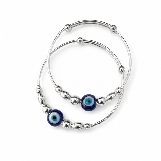 Baby Blue Evil Eye Oval Bead Silver Kada Set - Shyni Jewelry