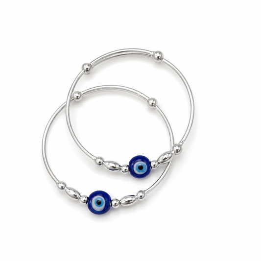 Baby Blue Evil Eye Oval & Round Bead Silver Kada Set - Shyni Jewelry