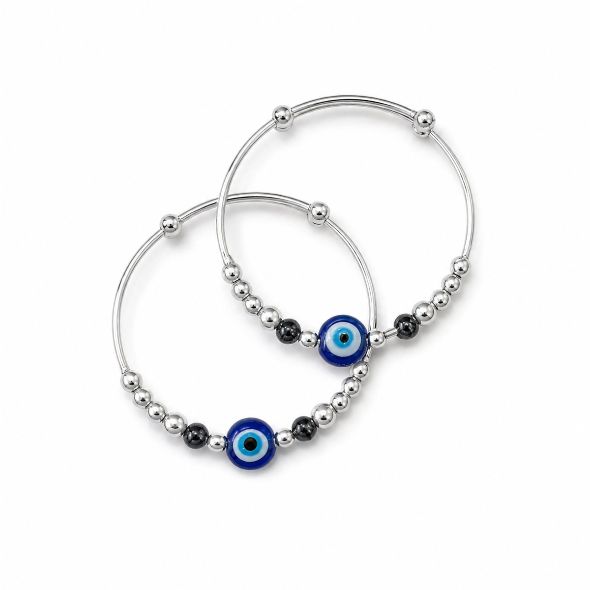 Baby Blue Evil Eye & Black Hematite Bead Silver Kada Set - Shyni Jewelry