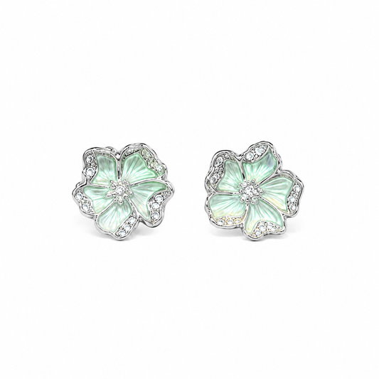 Mint Green Enamel Floral CZ Stud Earrings in 925 Silver - Shyni Jewelry