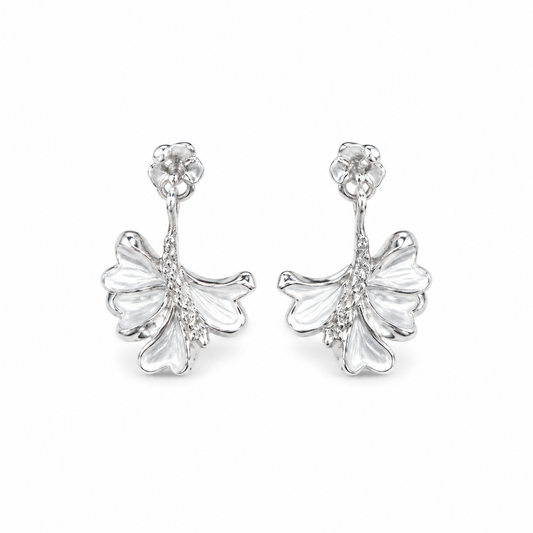 White Enamel Ginkgo Leaf Ear Jacket Earrings in 925 Silver - Shyni Jewelry